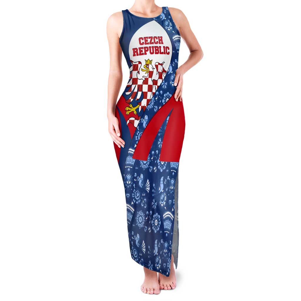 Czech Republic Tank Maxi Dress with Blue Red Folk Pattern Design and National Lion Emblem - Wonder Print Shop