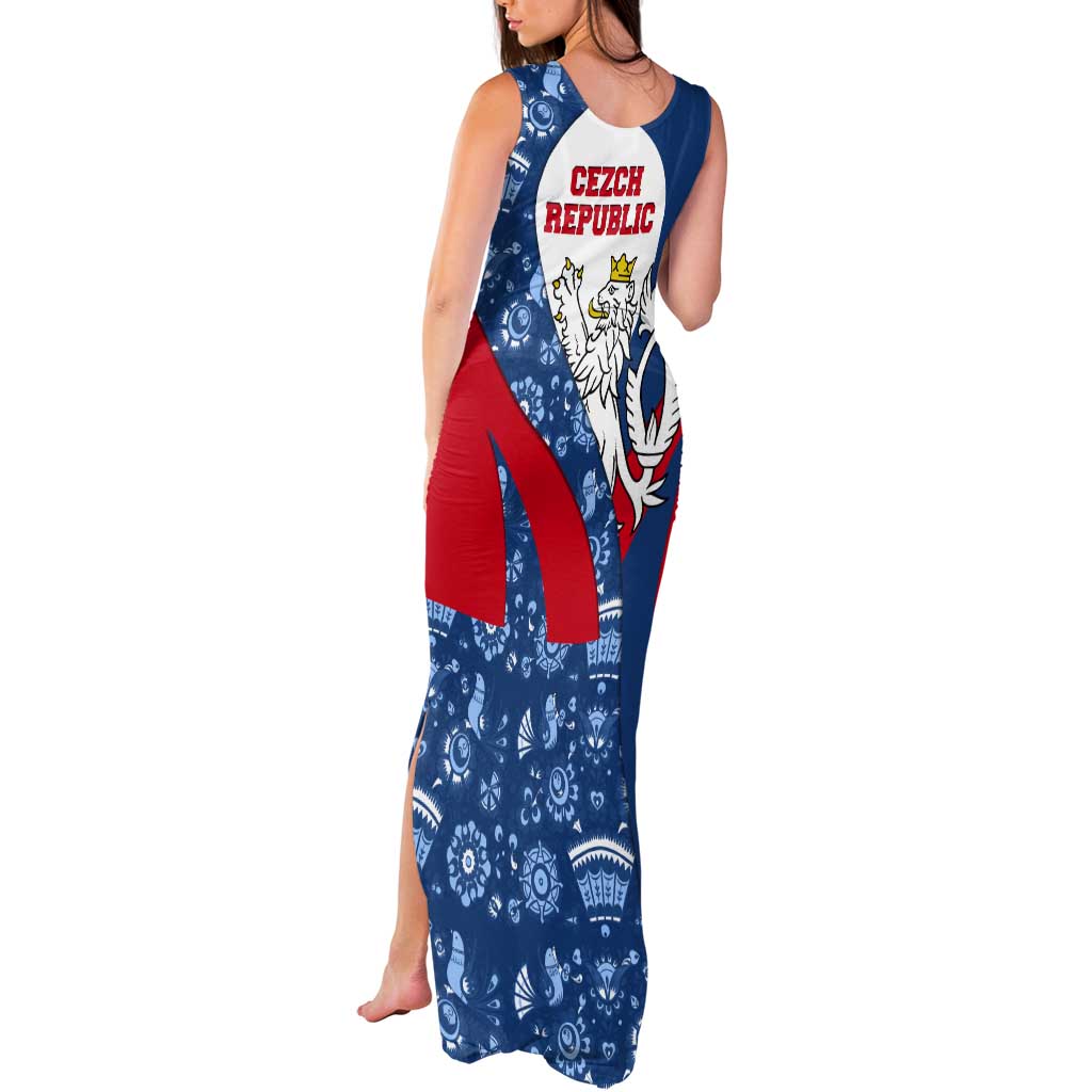Czech Republic Tank Maxi Dress with Blue Red Folk Pattern Design and National Lion Emblem - Wonder Print Shop