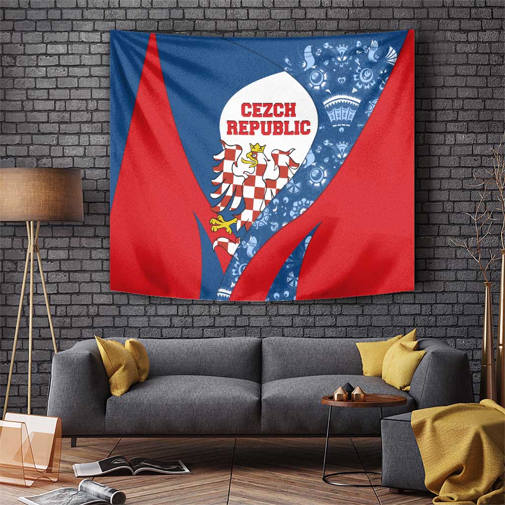 Czech Republic Tapestry with Blue Red Folk Pattern Design and National Lion Emblem - Wonder Print Shop