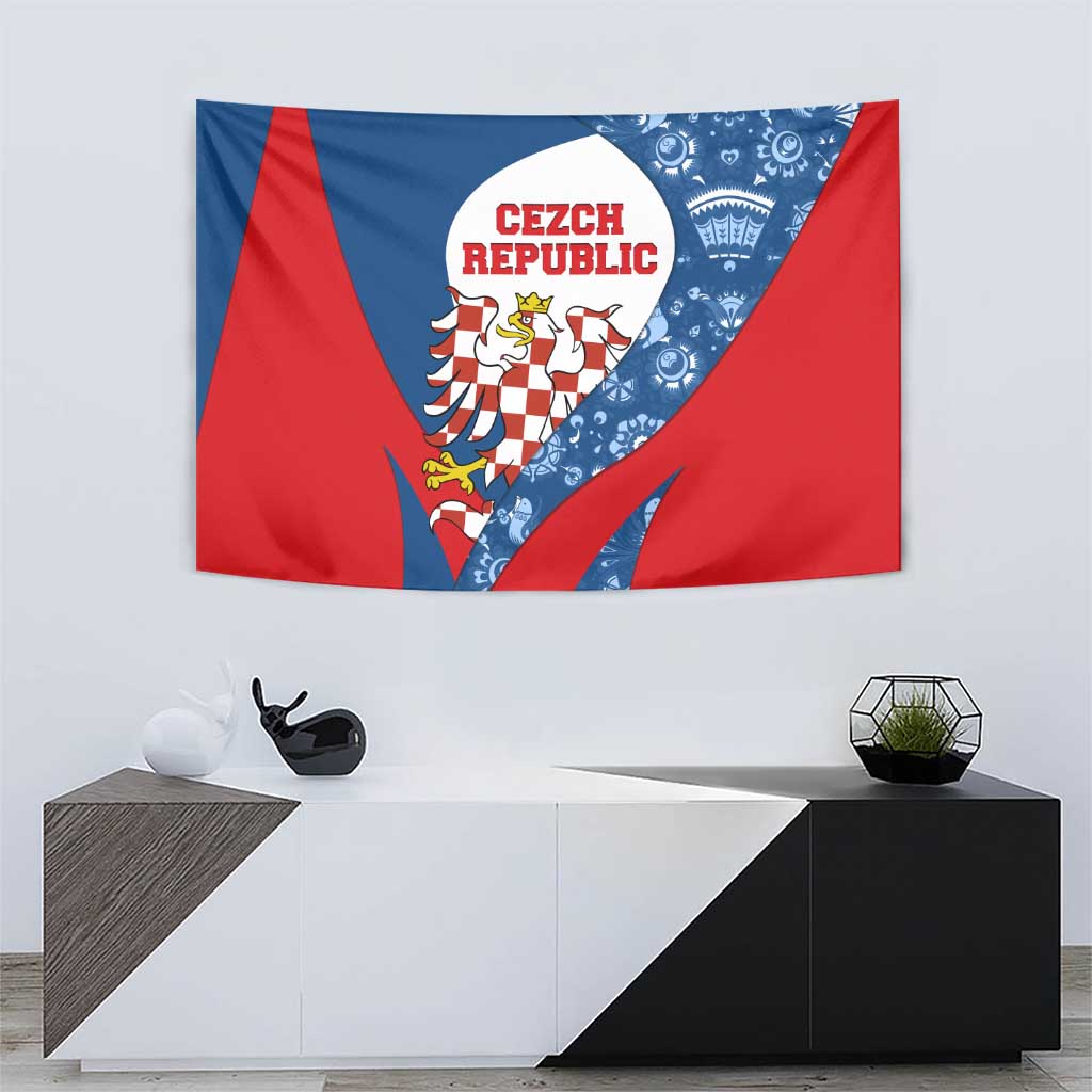 Czech Republic Tapestry with Blue Red Folk Pattern Design and National Lion Emblem - Wonder Print Shop