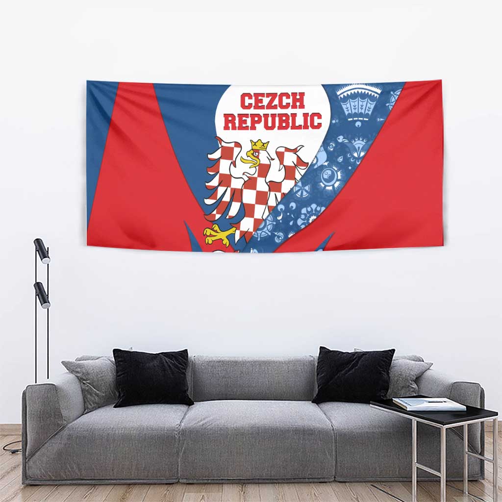 Czech Republic Tapestry with Blue Red Folk Pattern Design and National Lion Emblem - Wonder Print Shop