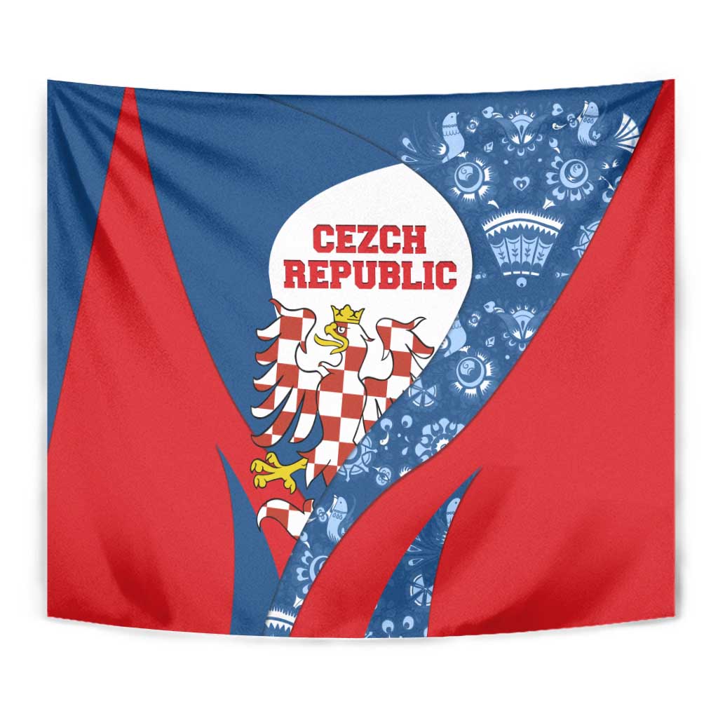Czech Republic Tapestry with Blue Red Folk Pattern Design and National Lion Emblem - Wonder Print Shop