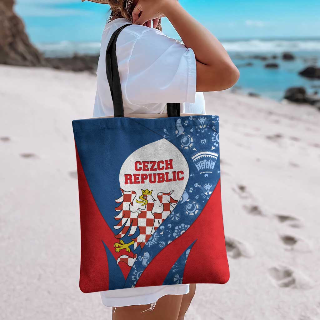 Czech Republic Tote Bag with Blue Red Folk Pattern Design and National Lion Emblem - Wonder Print Shop