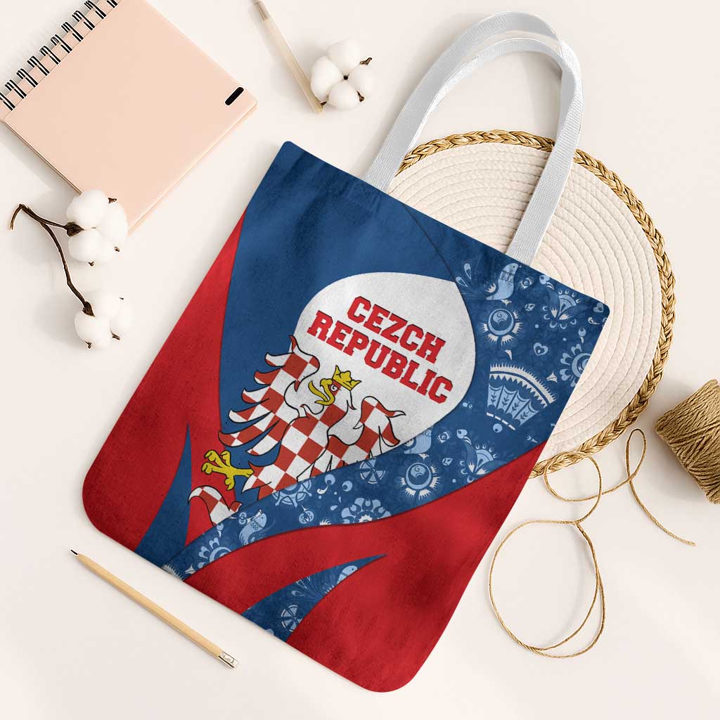 Czech Republic Tote Bag with Blue Red Folk Pattern Design and National Lion Emblem - Wonder Print Shop
