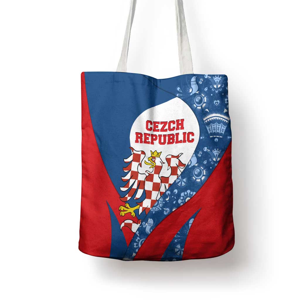 Czech Republic Tote Bag with Blue Red Folk Pattern Design and National Lion Emblem - Wonder Print Shop