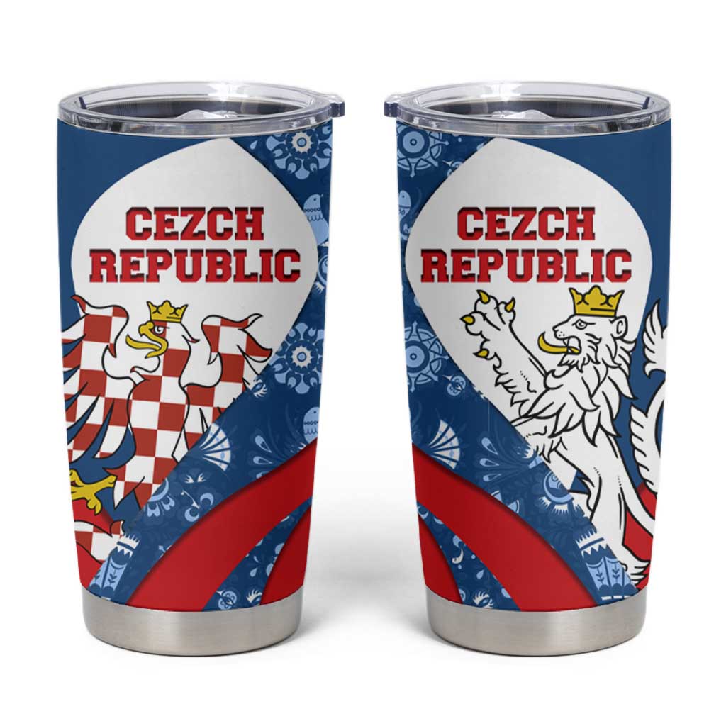 Czech Republic Tumbler Cup with Blue Red Folk Pattern Design and National Lion Emblem - Wonder Print Shop
