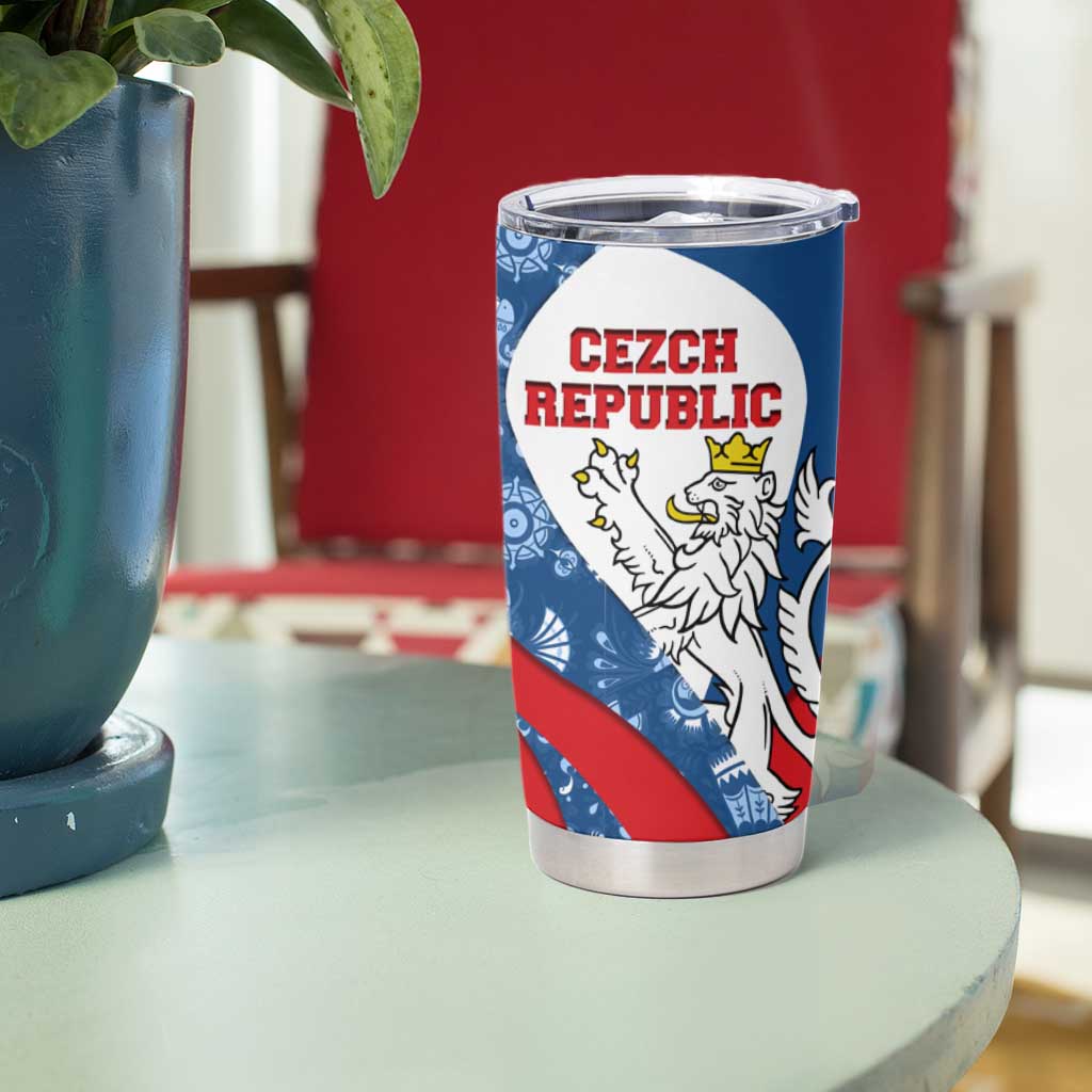 Czech Republic Tumbler Cup with Blue Red Folk Pattern Design and National Lion Emblem - Wonder Print Shop