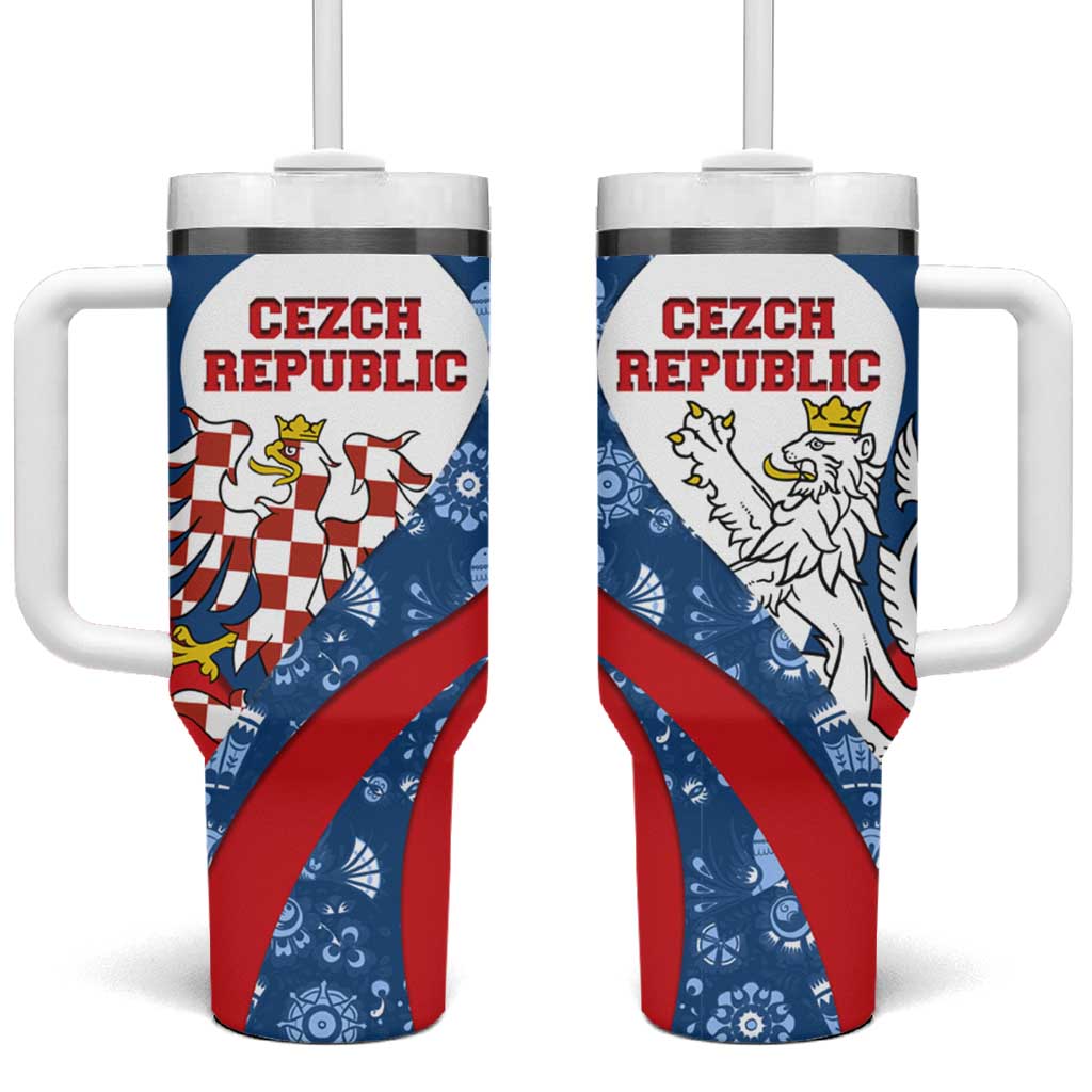 Czech Republic Tumbler With Handle with Blue Red Folk Pattern Design and National Lion Emblem - Wonder Print Shop