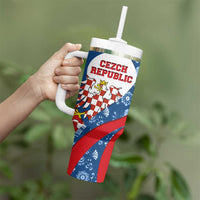 Czech Republic Tumbler With Handle with Blue Red Folk Pattern Design and National Lion Emblem - Wonder Print Shop