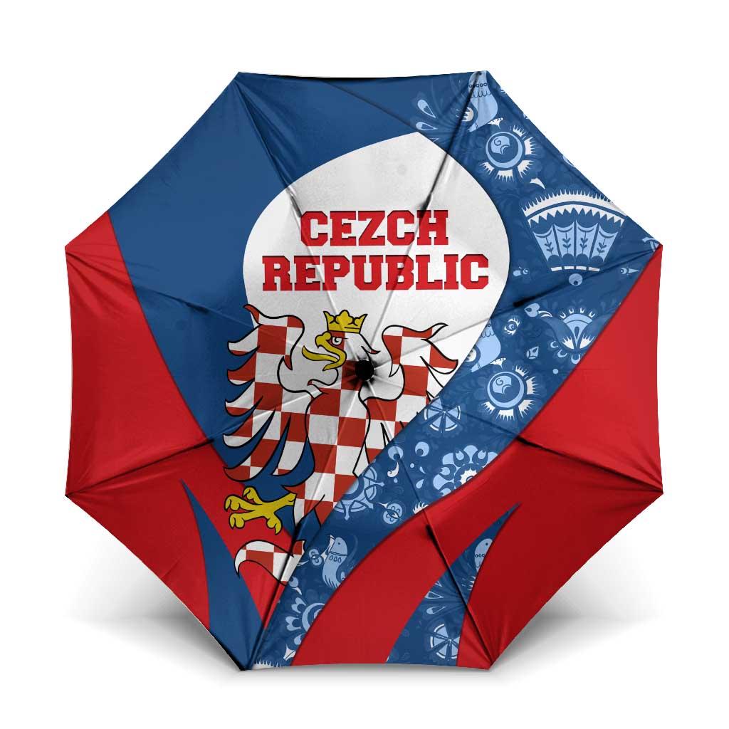Czech Republic Umbrella with Blue Red Folk Pattern Design and National Lion Emblem - Wonder Print Shop