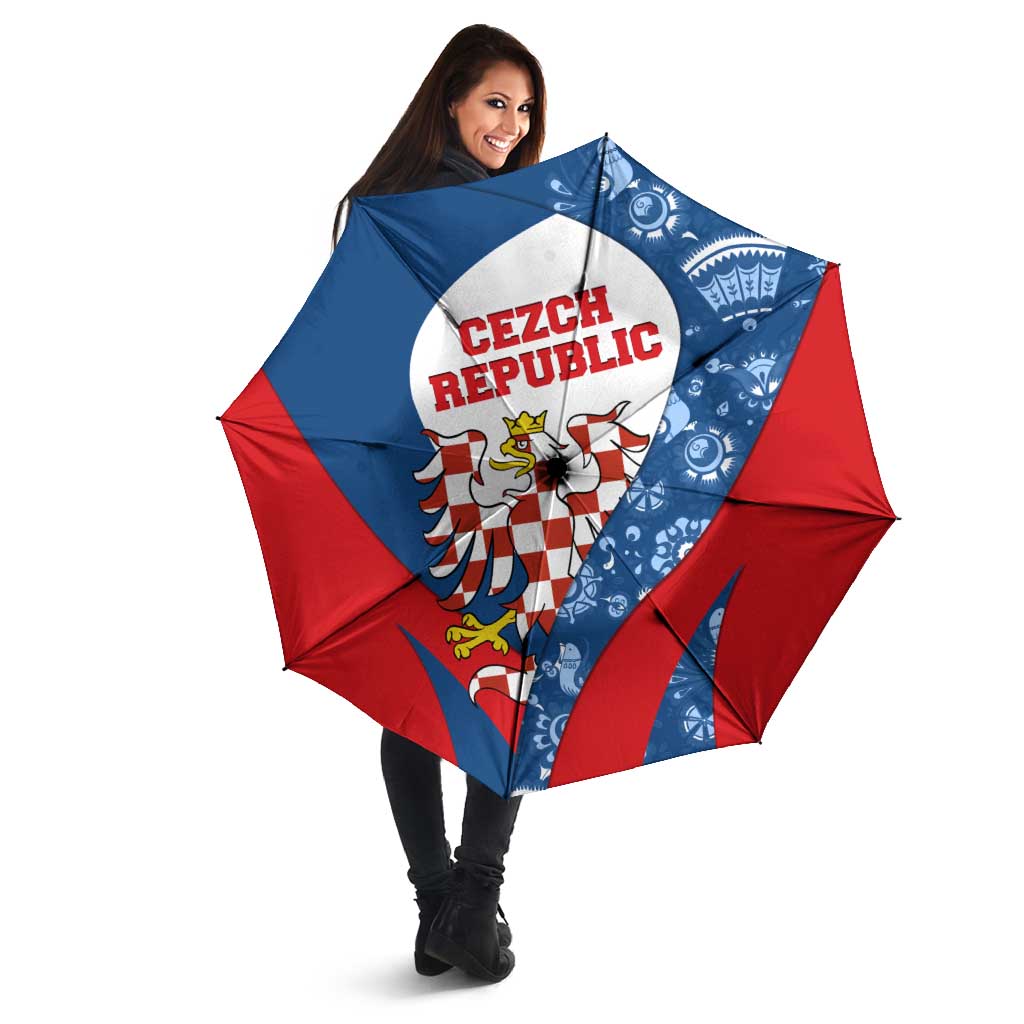 Czech Republic Umbrella with Blue Red Folk Pattern Design and National Lion Emblem - Wonder Print Shop