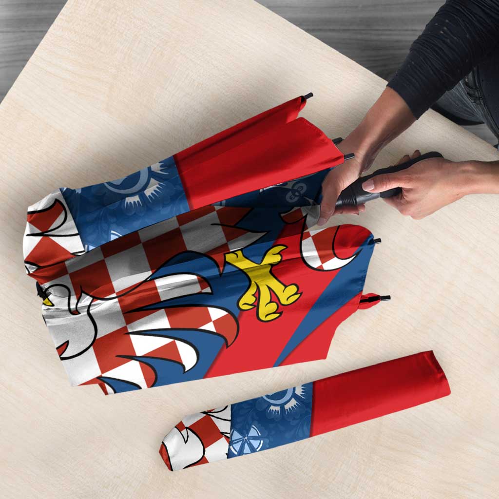 Czech Republic Umbrella with Blue Red Folk Pattern Design and National Lion Emblem - Wonder Print Shop