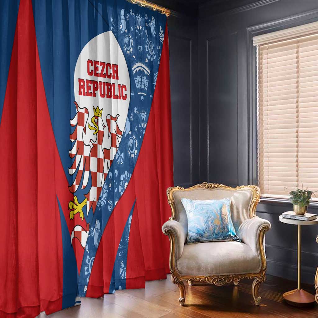 Czech Republic Window Curtain with Blue Red Folk Pattern Design and National Lion Emblem - Wonder Print Shop