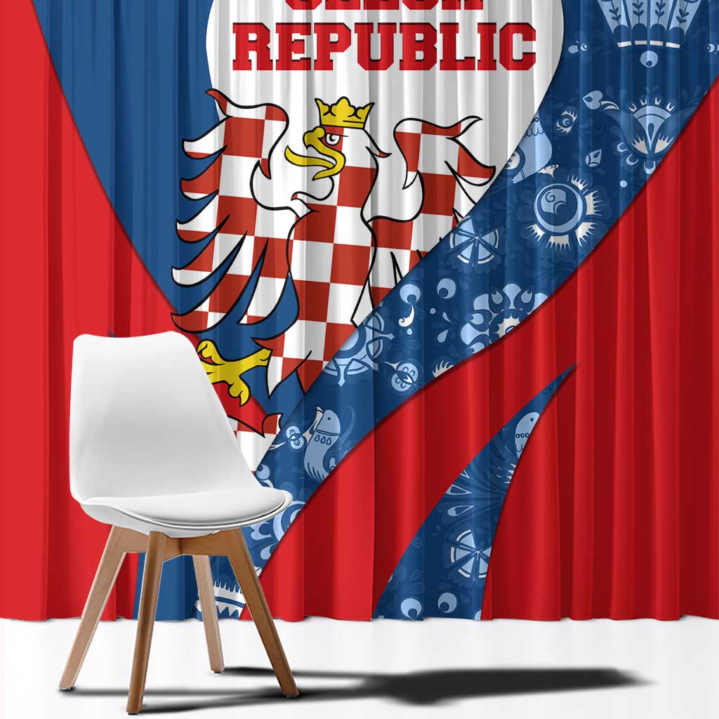 Czech Republic Window Curtain with Blue Red Folk Pattern Design and National Lion Emblem - Wonder Print Shop