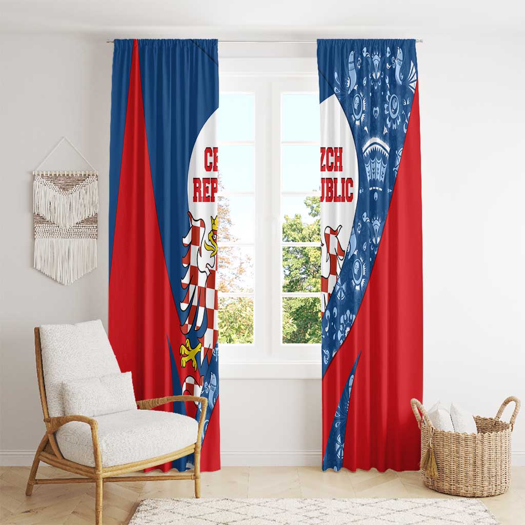 Czech Republic Window Curtain with Blue Red Folk Pattern Design and National Lion Emblem - Wonder Print Shop