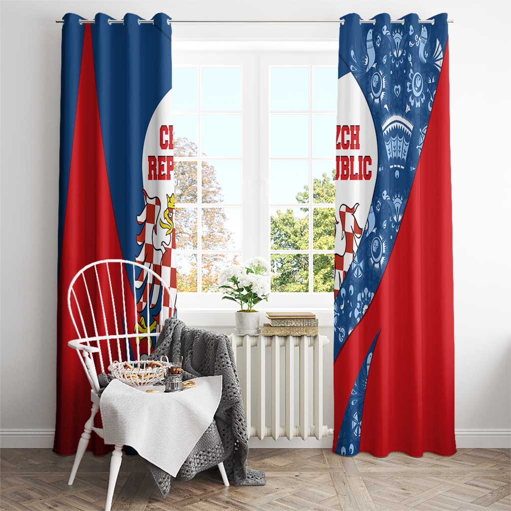 Czech Republic Window Curtain with Blue Red Folk Pattern Design and National Lion Emblem - Wonder Print Shop