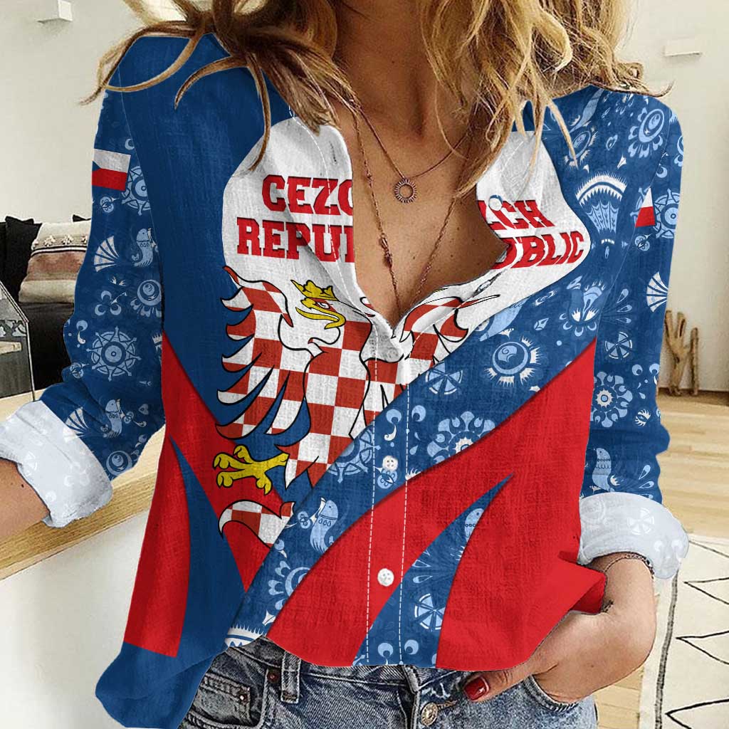 Czech Republic Women Casual Shirt with Blue Red Folk Pattern Design and National Lion Emblem - Wonder Print Shop