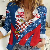 Czech Republic Women Casual Shirt with Blue Red Folk Pattern Design and National Lion Emblem - Wonder Print Shop