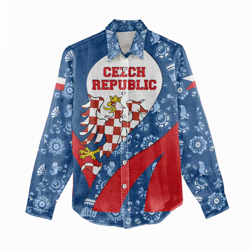 Czech Republic Women Casual Shirt with Blue Red Folk Pattern Design and National Lion Emblem - Wonder Print Shop