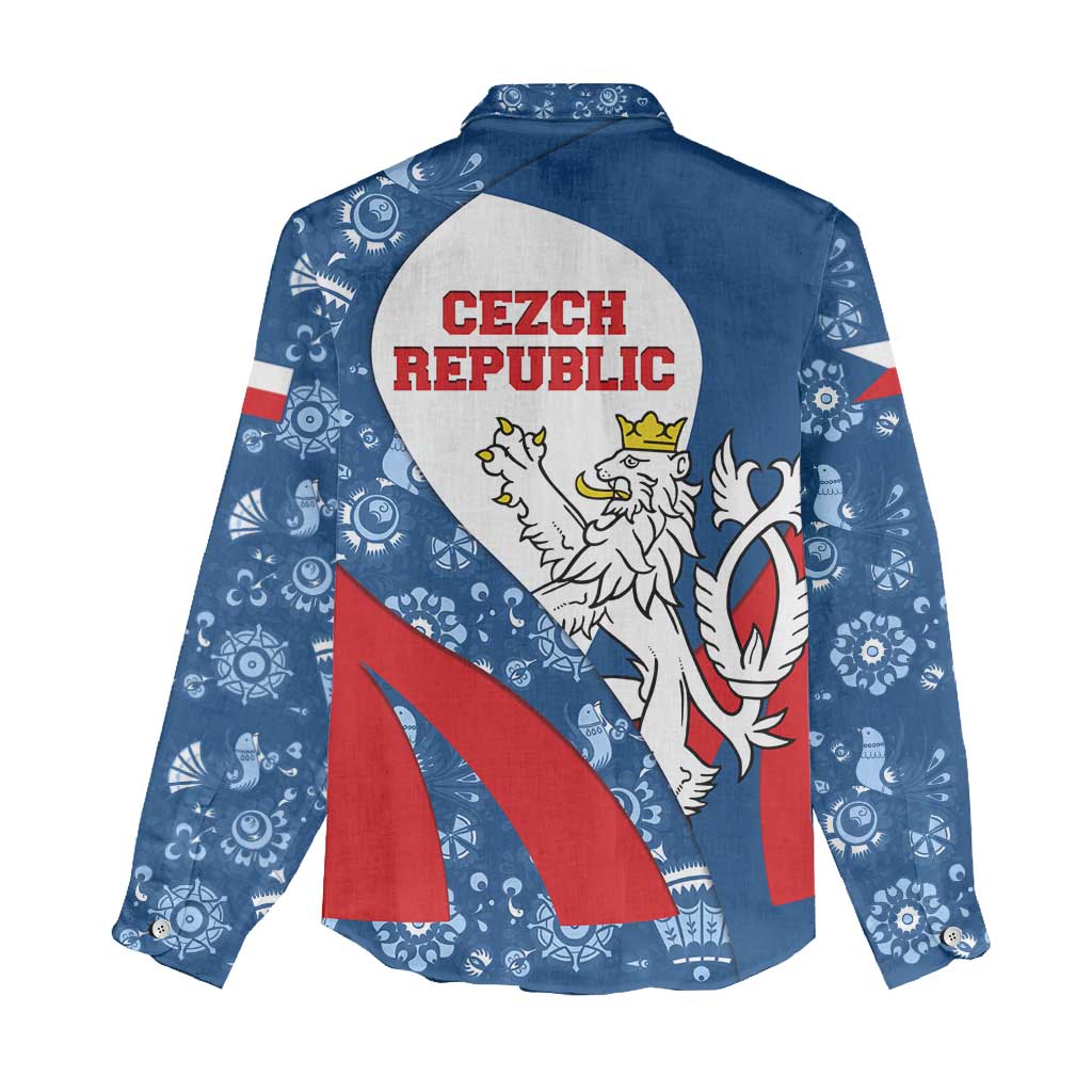 Czech Republic Women Casual Shirt with Blue Red Folk Pattern Design and National Lion Emblem - Wonder Print Shop