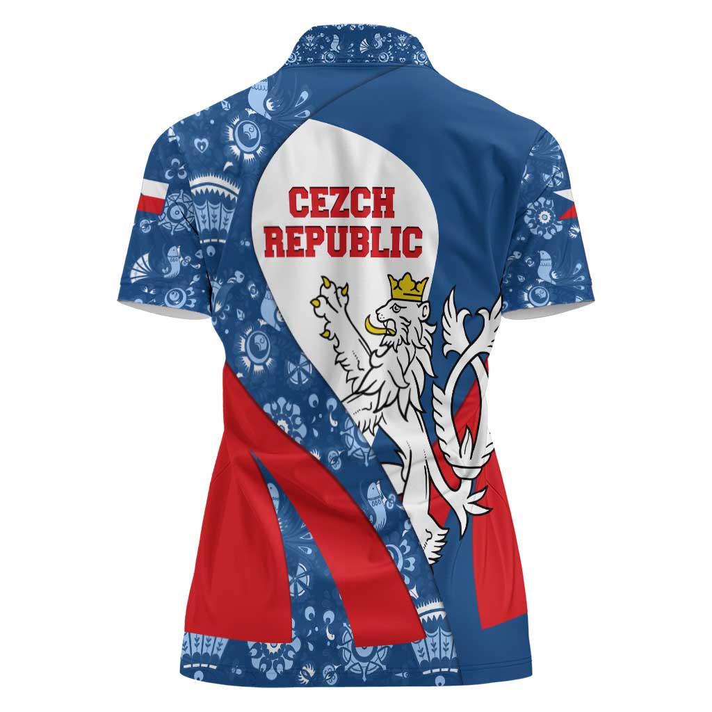 Czech Republic Women Polo Shirt with Blue Red Folk Pattern Design and National Lion Emblem - Wonder Print Shop