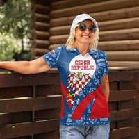 Czech Republic Women Polo Shirt with Blue Red Folk Pattern Design and National Lion Emblem - Wonder Print Shop