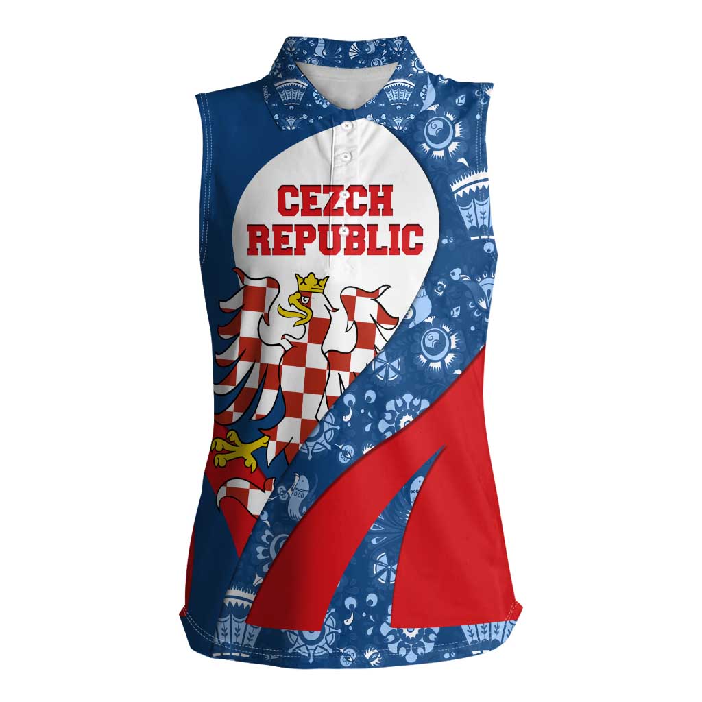 Czech Republic Women Sleeveless Polo Shirt with Blue Red Folk Pattern Design and National Lion Emblem - Wonder Print Shop