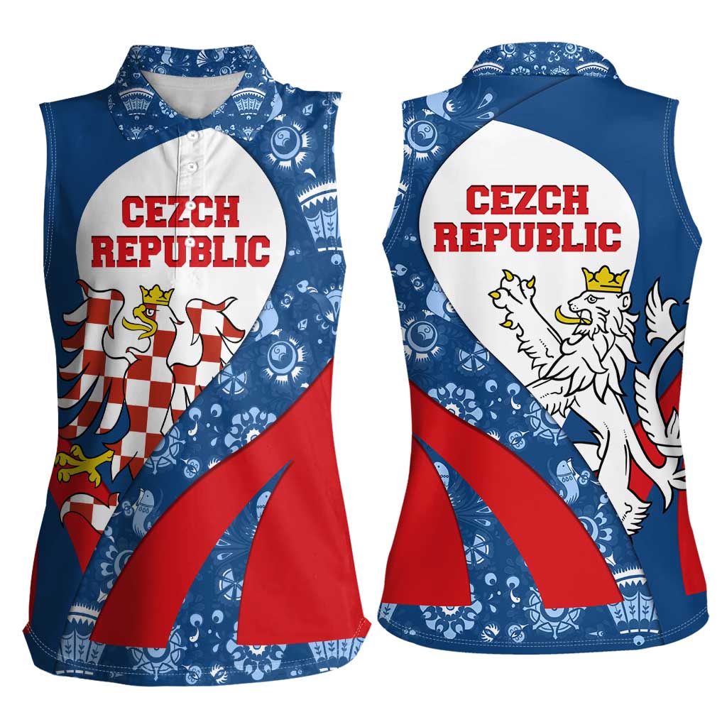 Czech Republic Women Sleeveless Polo Shirt with Blue Red Folk Pattern Design and National Lion Emblem - Wonder Print Shop
