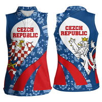 Czech Republic Women Sleeveless Polo Shirt with Blue Red Folk Pattern Design and National Lion Emblem - Wonder Print Shop