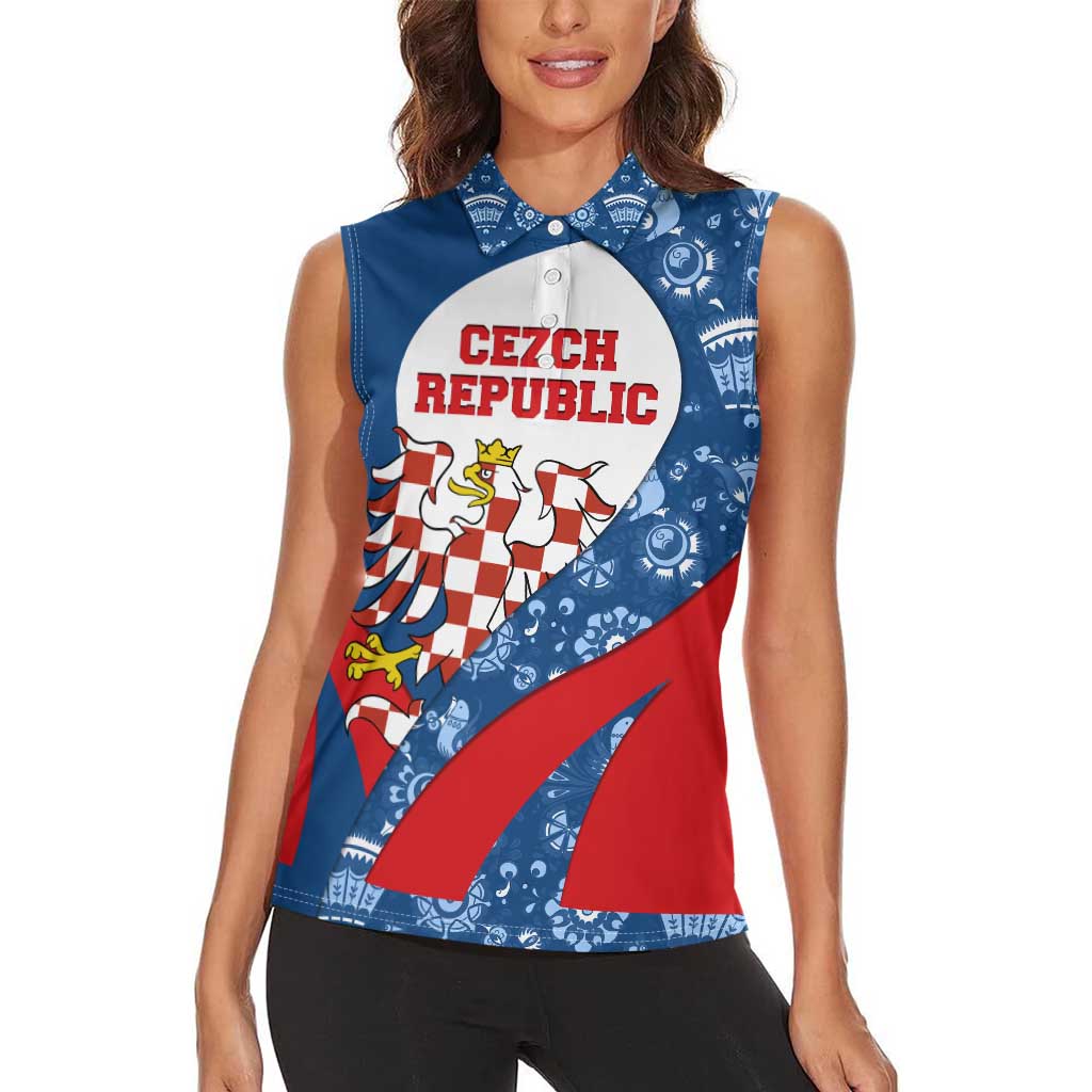 Czech Republic Women Sleeveless Polo Shirt with Blue Red Folk Pattern Design and National Lion Emblem - Wonder Print Shop