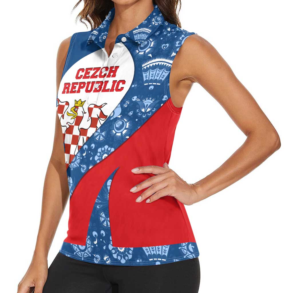Czech Republic Women Sleeveless Polo Shirt with Blue Red Folk Pattern Design and National Lion Emblem - Wonder Print Shop