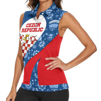 Czech Republic Women Sleeveless Polo Shirt with Blue Red Folk Pattern Design and National Lion Emblem - Wonder Print Shop