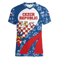 Czech Republic Women V-Neck T-Shirt with Blue Red Folk Pattern Design and National Lion Emblem - Wonder Print Shop