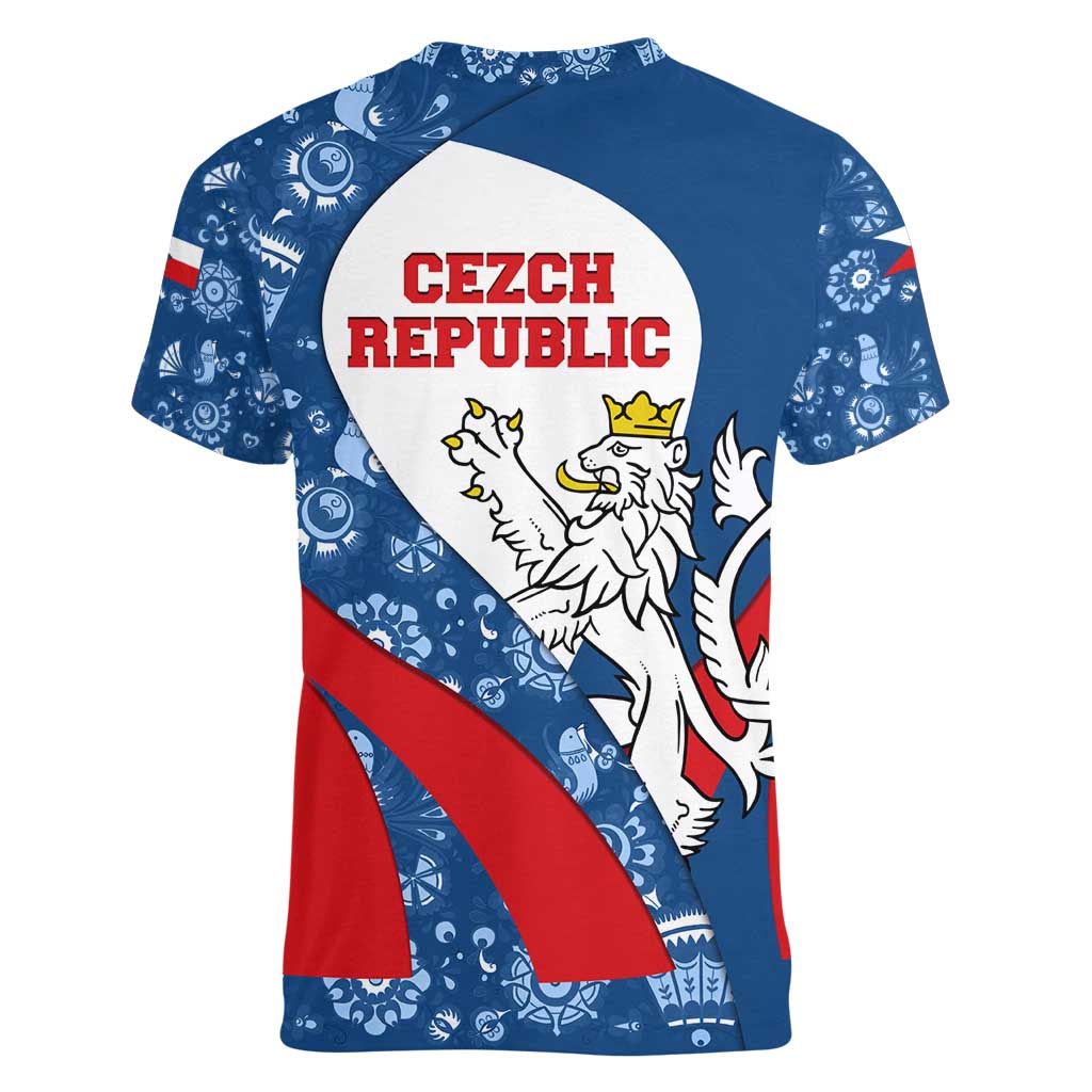 Czech Republic Women V-Neck T-Shirt with Blue Red Folk Pattern Design and National Lion Emblem - Wonder Print Shop