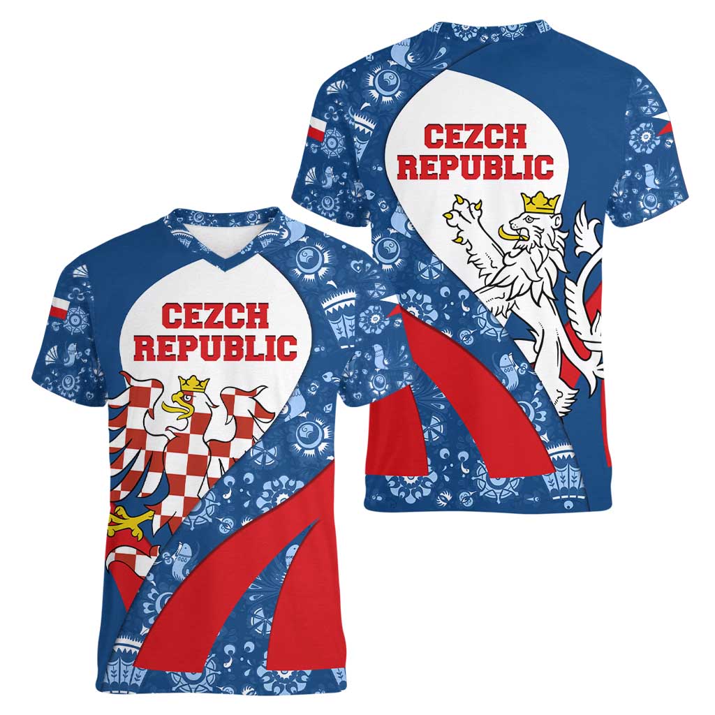 Czech Republic Women V-Neck T-Shirt with Blue Red Folk Pattern Design and National Lion Emblem - Wonder Print Shop