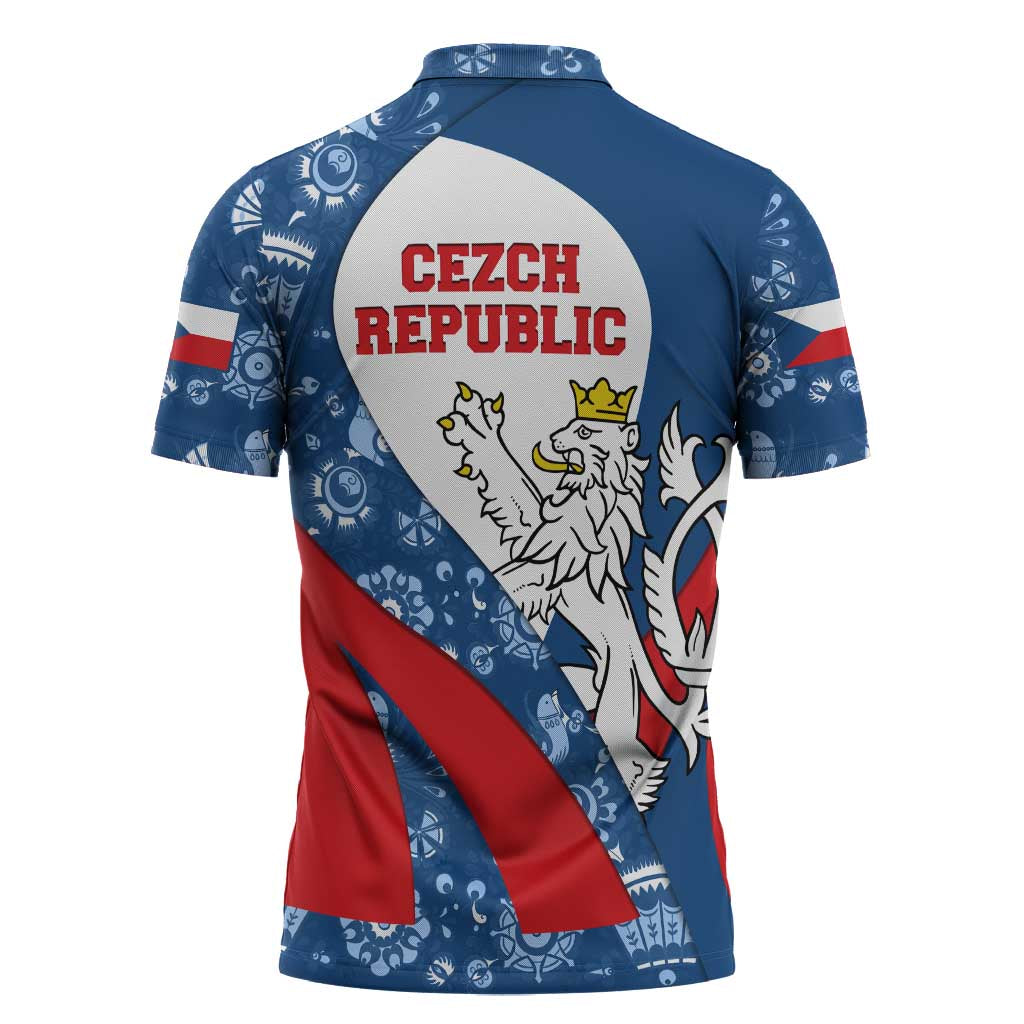 Czech Republic Zipper Polo Shirt with Blue Red Folk Pattern Design and National Lion Emblem - Wonder Print Shop