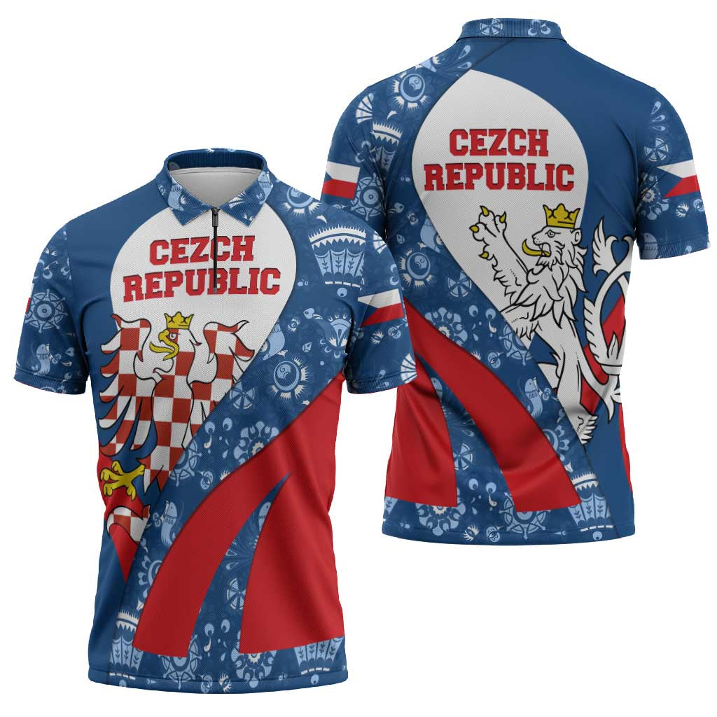 Czech Republic Zipper Polo Shirt with Blue Red Folk Pattern Design and National Lion Emblem - Wonder Print Shop