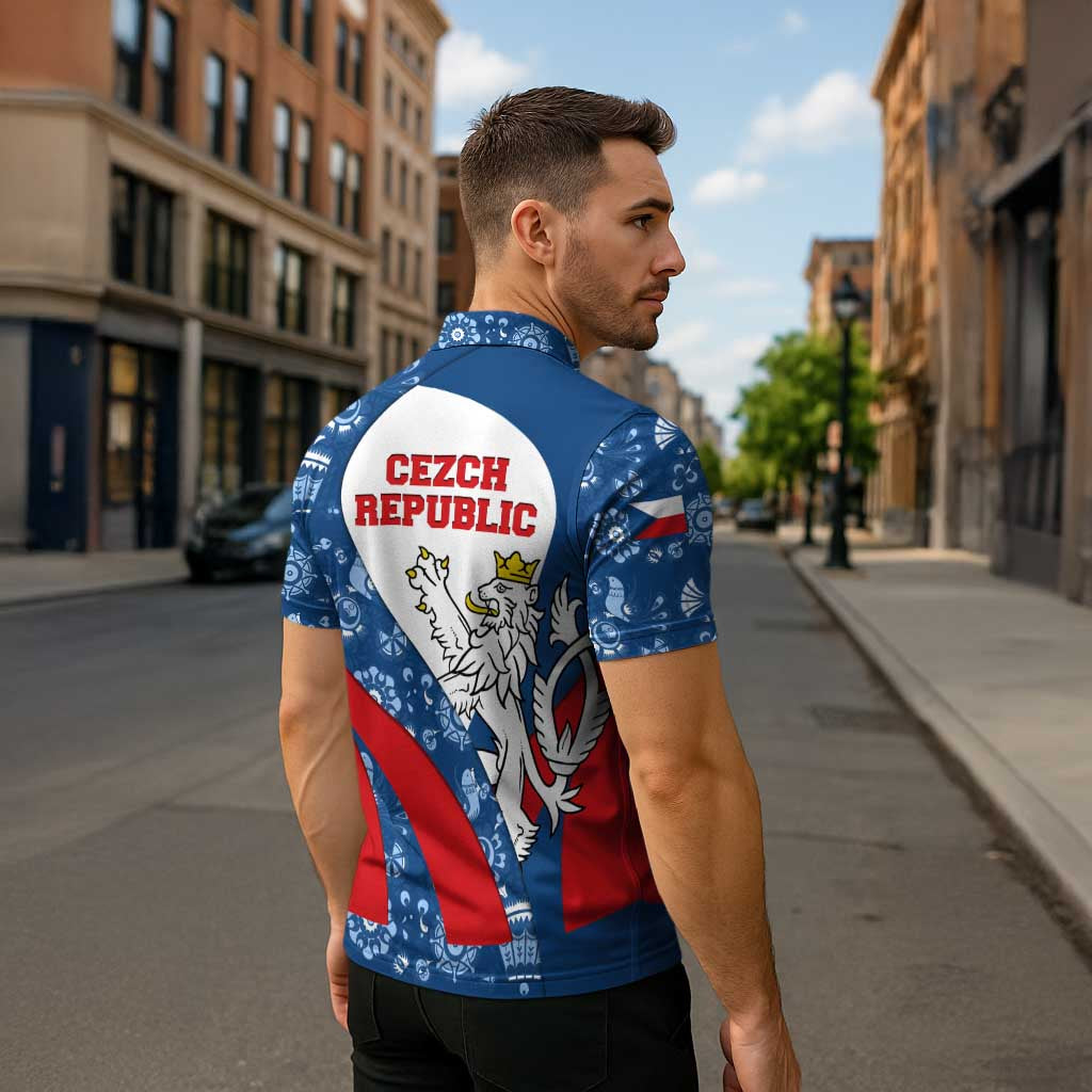 Czech Republic Zipper Polo Shirt with Blue Red Folk Pattern Design and National Lion Emblem - Wonder Print Shop