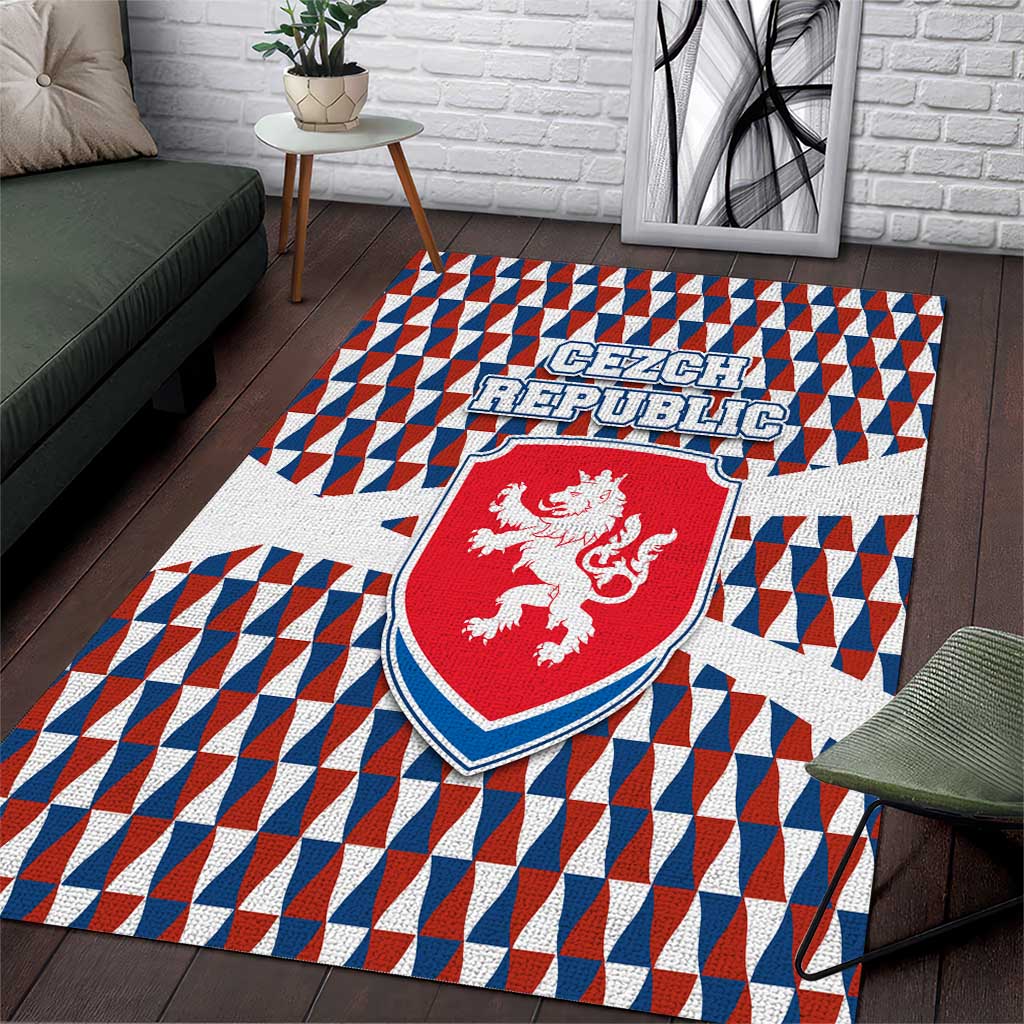 Czech Republic Area Rug with Red Blue Geometric Design and National Lion Shield - Wonder Print Shop