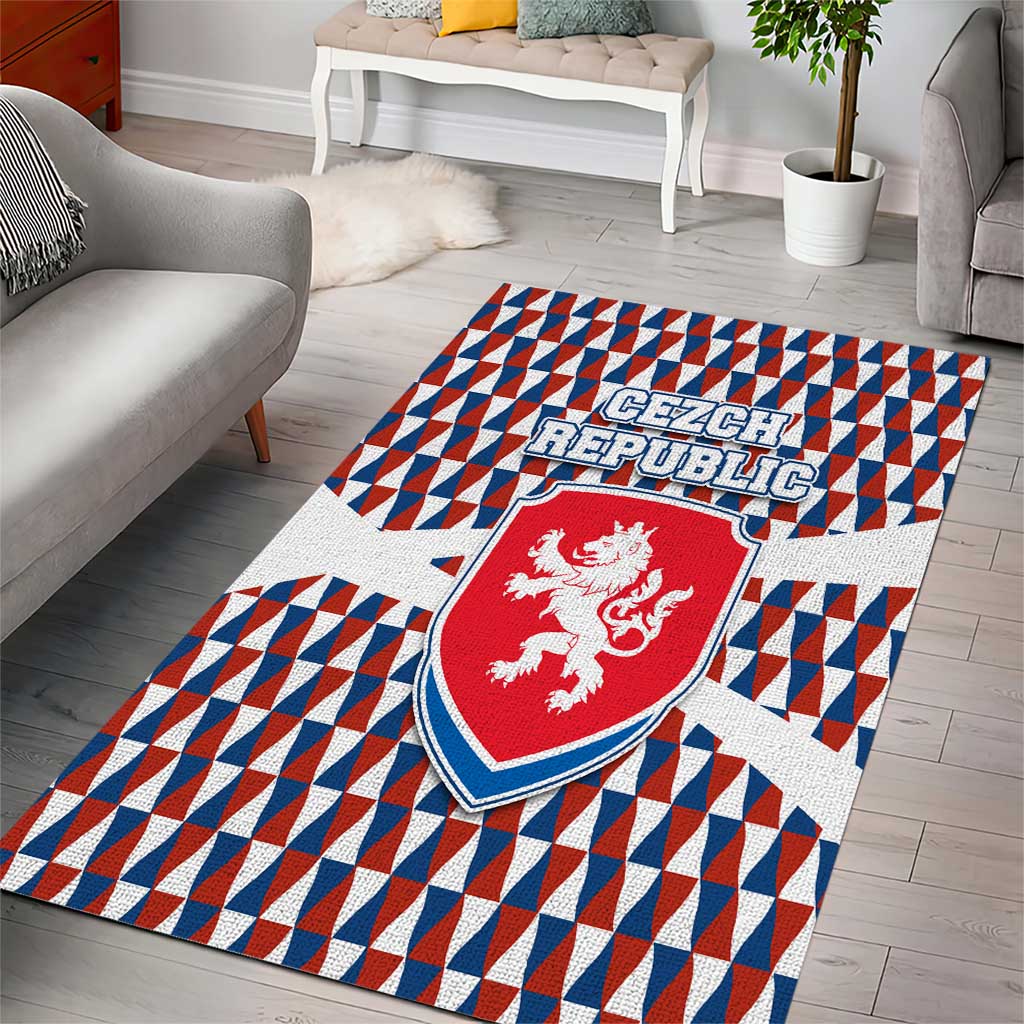 Czech Republic Area Rug with Red Blue Geometric Design and National Lion Shield - Wonder Print Shop