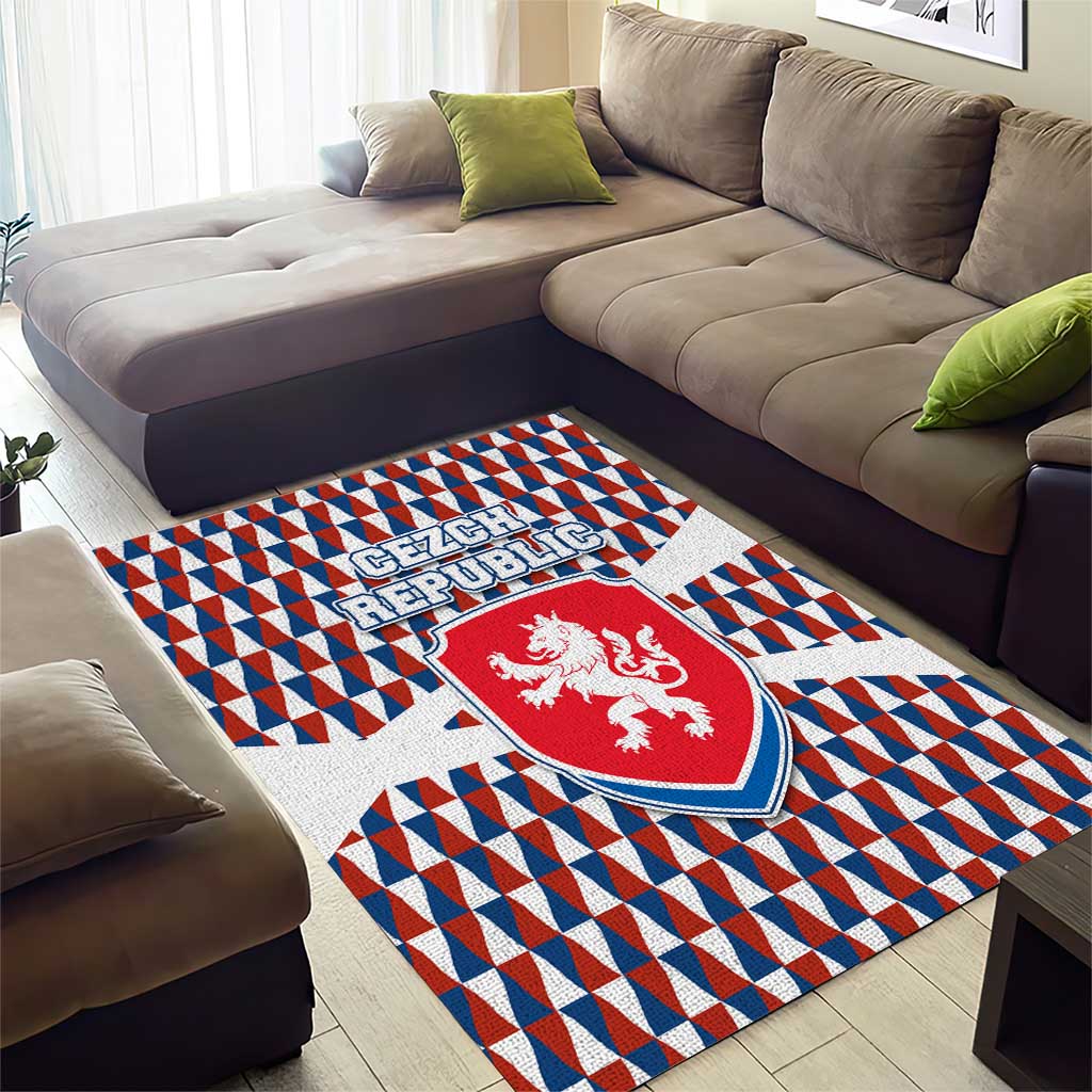 Czech Republic Area Rug with Red Blue Geometric Design and National Lion Shield - Wonder Print Shop