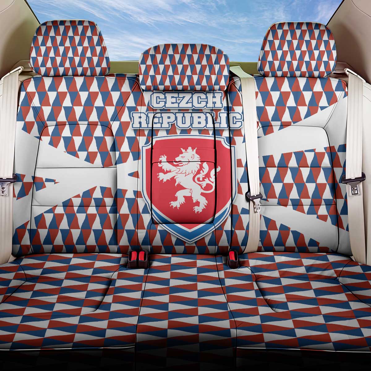Czech Republic Back Car Seat Cover with Red Blue Geometric Design and National Lion Shield - Wonder Print Shop