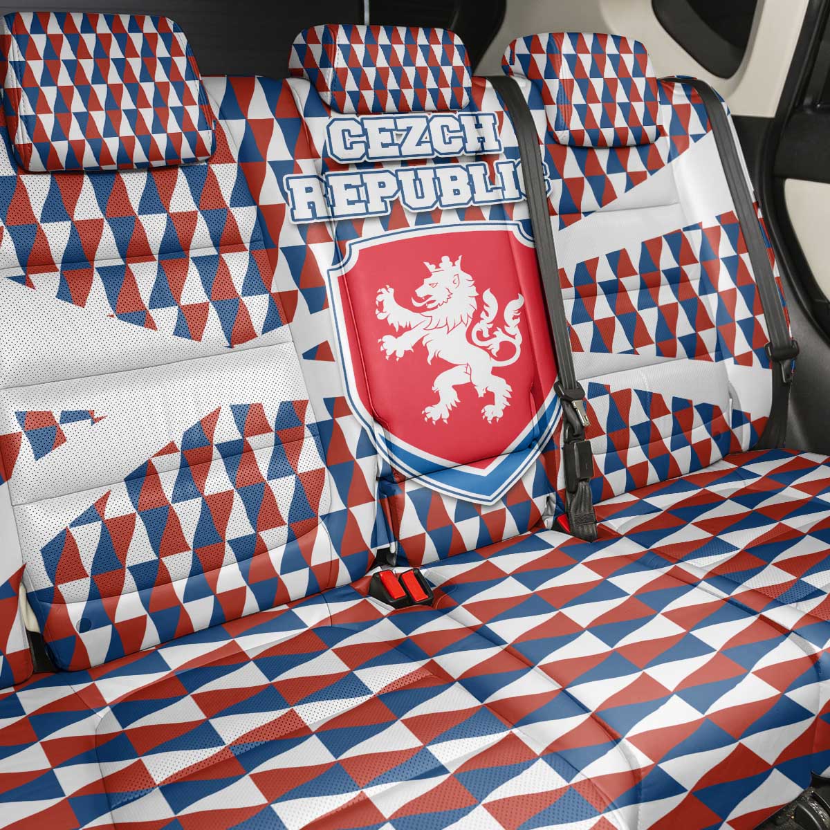 Czech Republic Back Car Seat Cover with Red Blue Geometric Design and National Lion Shield - Wonder Print Shop