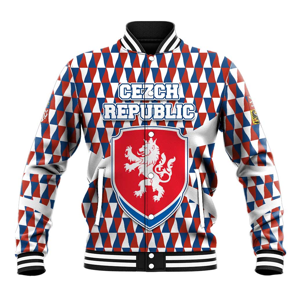 Czech Republic Baseball Jacket with Red Blue Geometric Design and National Lion Shield - Wonder Print Shop