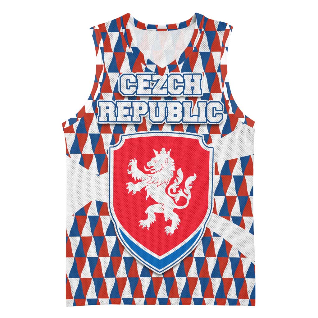 Czech Republic Basketball Jersey with Red Blue Geometric Design and National Lion Shield - Wonder Print Shop