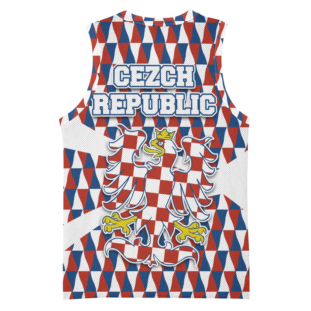 Czech Republic Basketball Jersey with Red Blue Geometric Design and National Lion Shield - Wonder Print Shop
