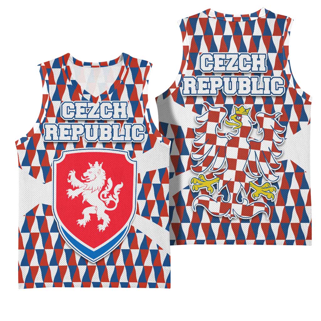 Czech Republic Basketball Jersey with Red Blue Geometric Design and National Lion Shield - Wonder Print Shop
