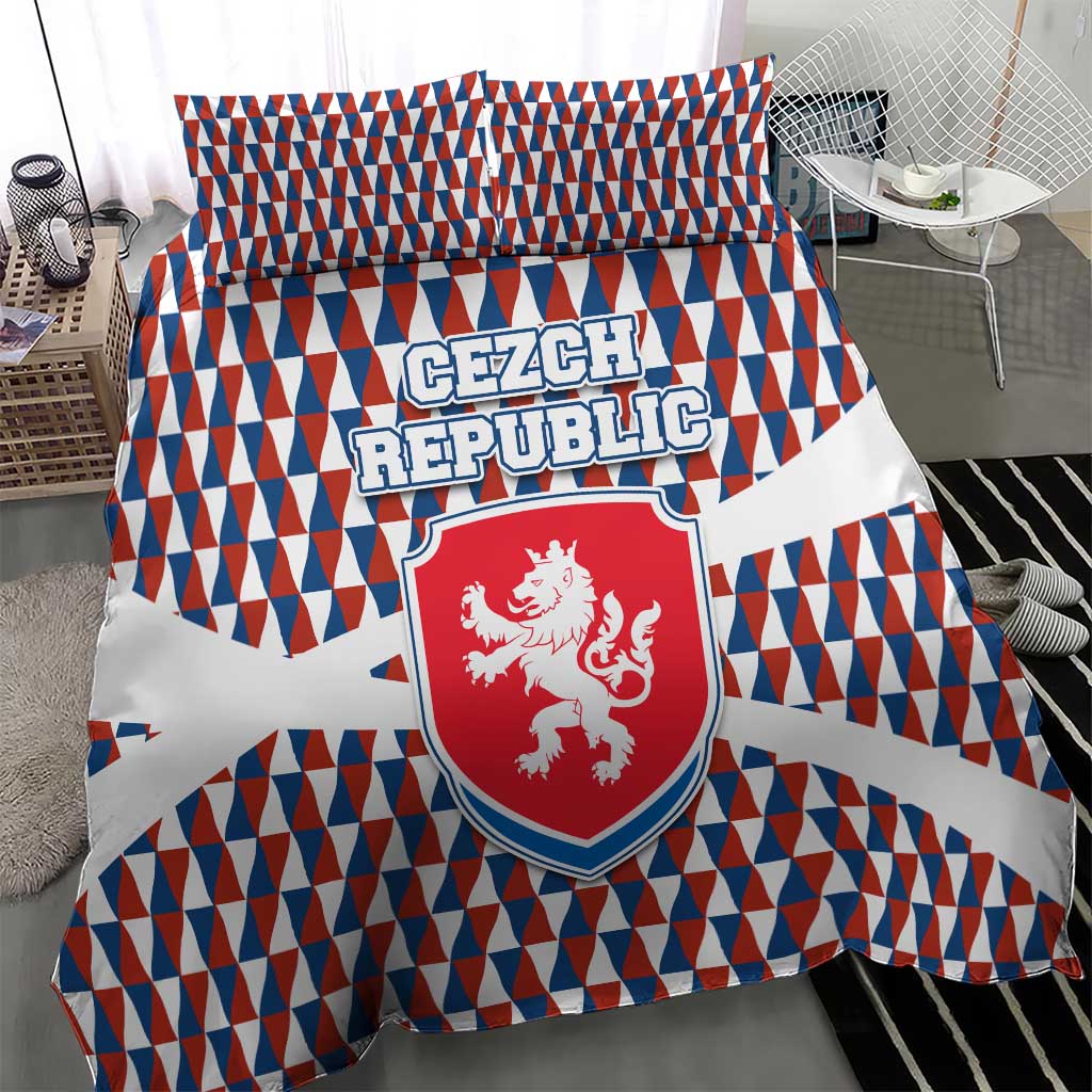 Czech Republic Bedding Set with Red Blue Geometric Design and National Lion Shield - Wonder Print Shop