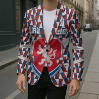 Czech Republic Blazer with Red Blue Geometric Design and National Lion Shield - Wonder Print Shop
