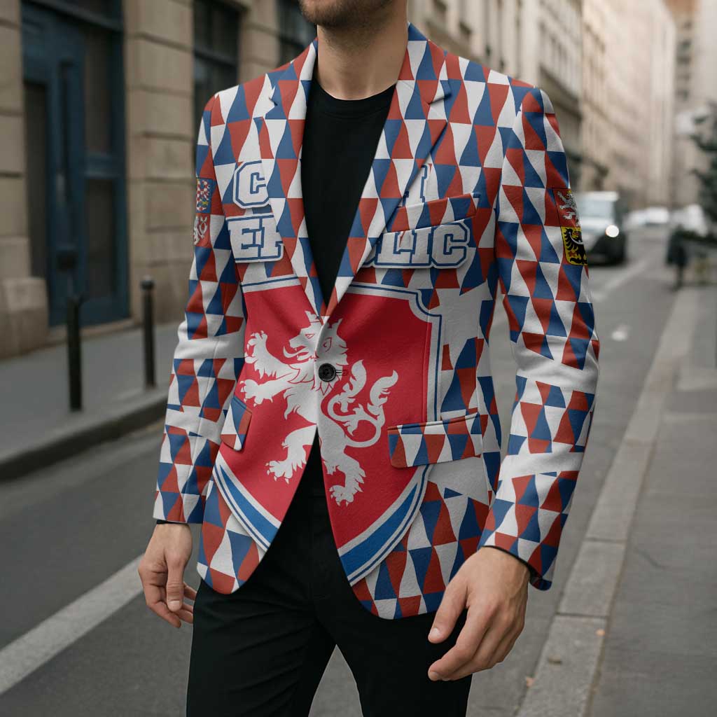 Czech Republic Blazer with Red Blue Geometric Design and National Lion Shield - Wonder Print Shop